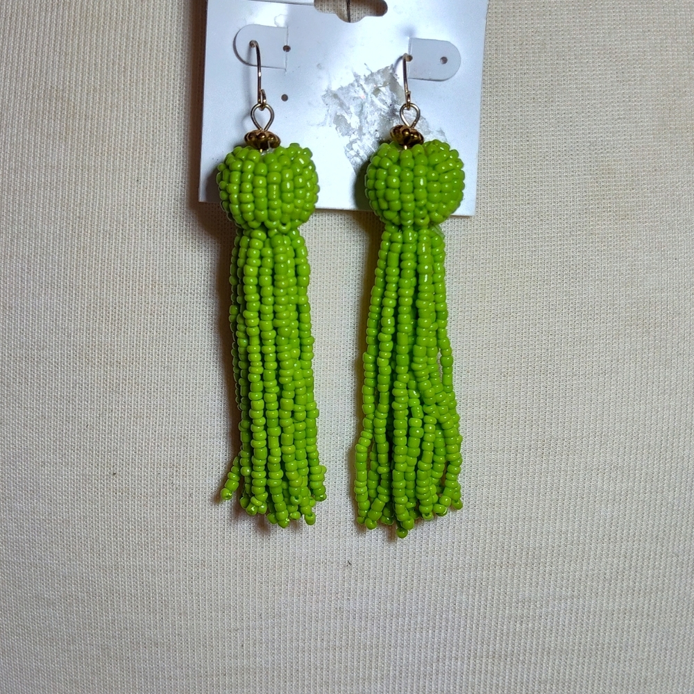 Calypso St. Barth Lime Beaded Tassel Earrings. Nwot